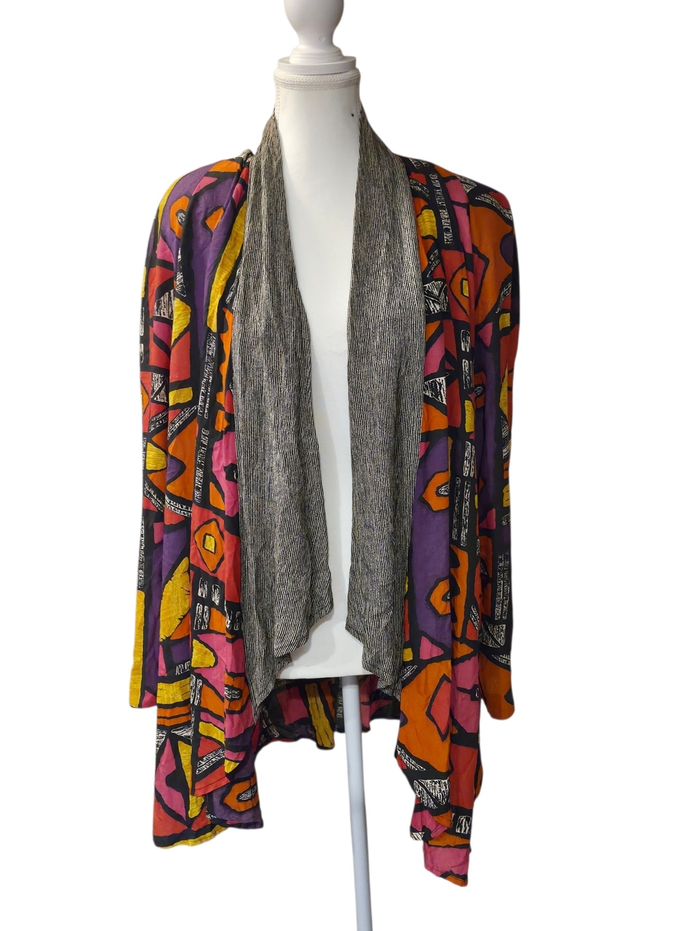 VTG- Abstract Print Open-Front Draped Cardigan in Purple, Orange & Pink